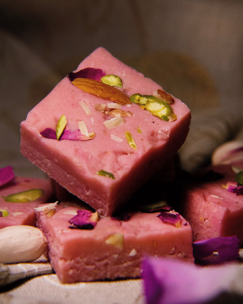 रक्षाबंधन के लिए गुलाब खुशबू वाली मिल्क पाउडर बर्फी